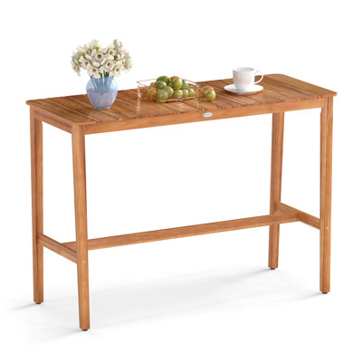 54" X 22" Acacia Wood Counter Height Table With Slatted Tabletop Footrest Crossbar