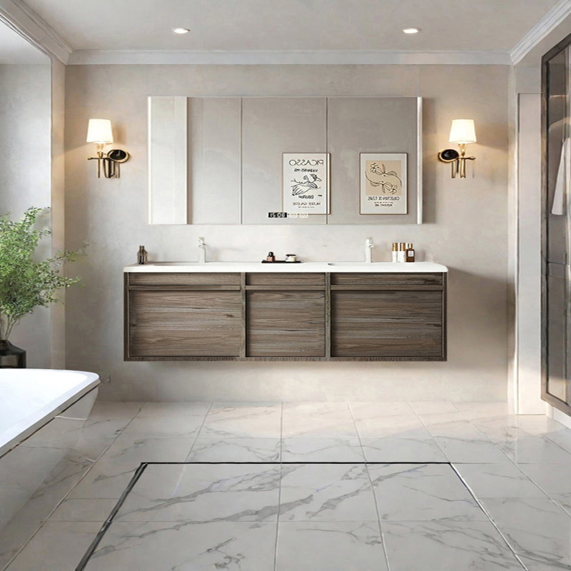 Armoire de salle de bain à double cuve de style moyen-ancien, H 19,68 po x l 74,8 po x P 21,65 po, Taupe