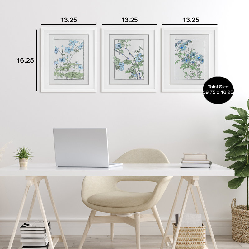 Ensemble de 3 reproductions encadrées sous-verre Wild Blooms avec contours détaillés, conception par CAD Designs