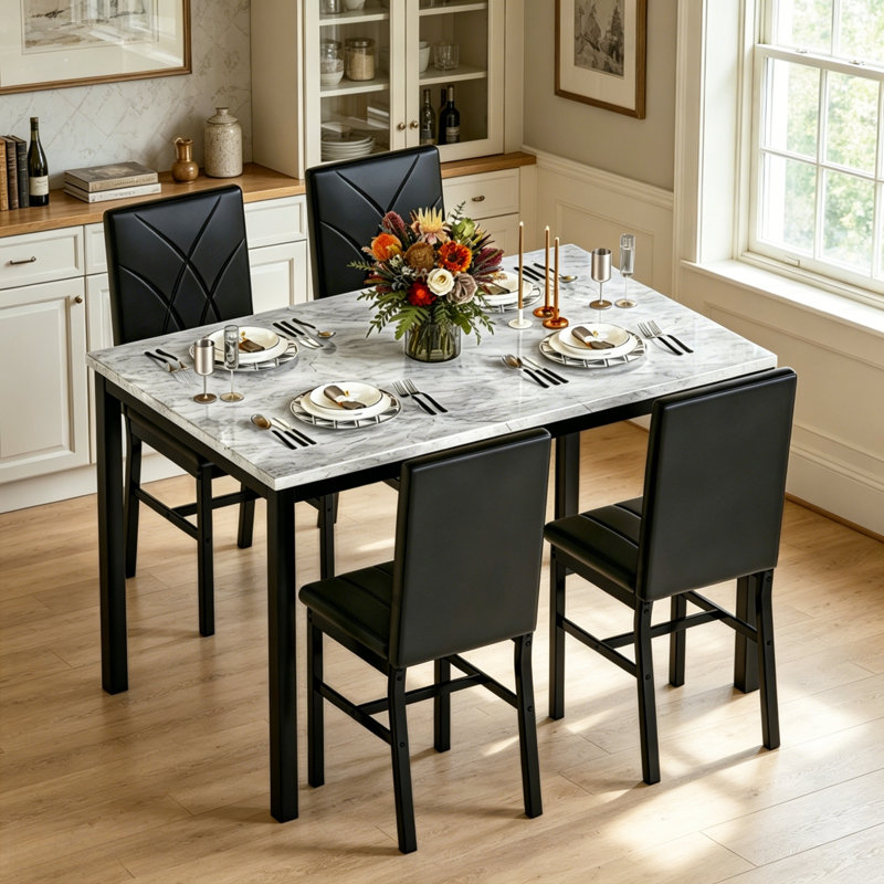 Ensemble de table de salle à manger 5 pièces pour 4 personnes, ensemble de table de cuisine et chaises en faux marbre, ensemble de 4, table de salle à manger rectangulaire avec 4 chaises de salle à manger rembourrées pour petit espace, salle à manger et salon