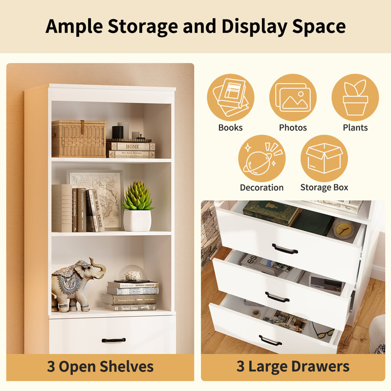 69 Tall Standard Bookcase with 3 Drawers and 3 Tier Open Shelves, Standing Storage Cabinet for Home, White