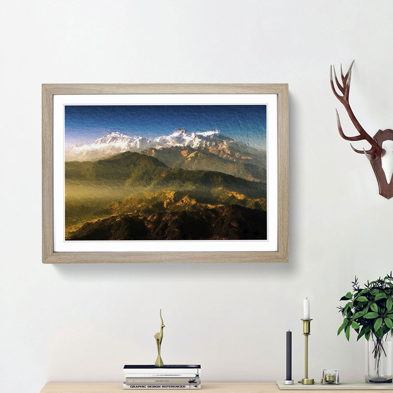 Sunlight Bathing the Mountains in Nepal - Picture Frame Painting Print, 27cm H x 36cm W x 2cm D, Oak Framed