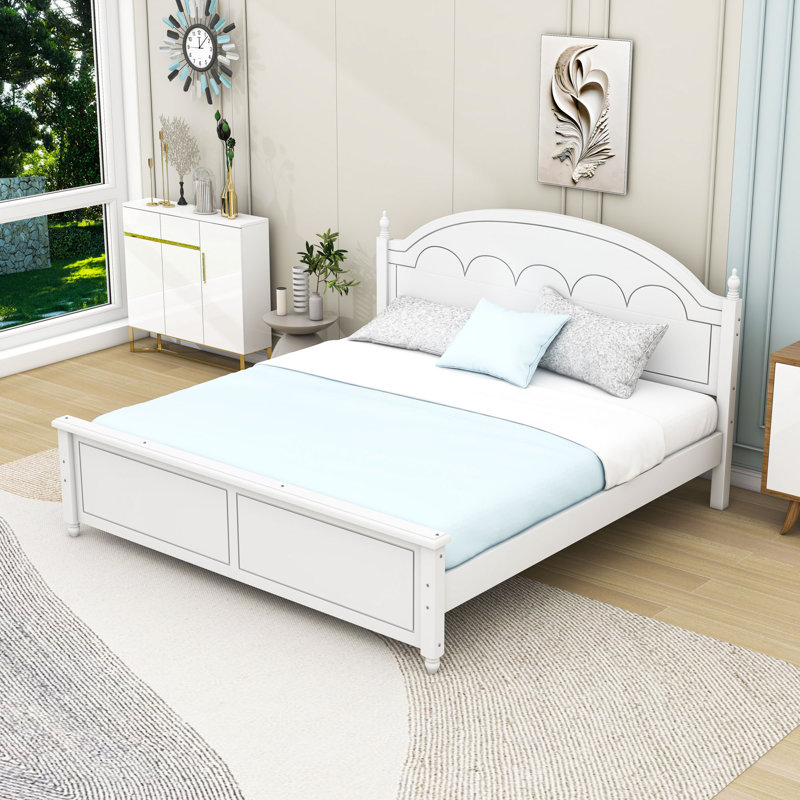 Lit plateforme en bois avec tête de lit et pieds centraux, White, Très grand lit