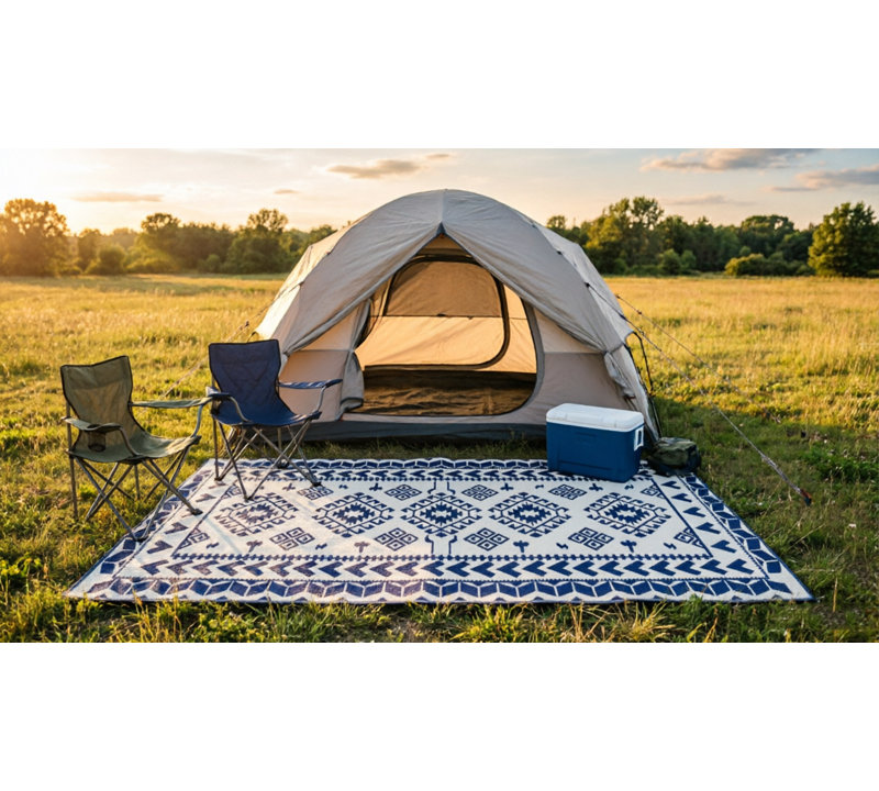 Tapis d'extérieur imperméable très grand 9 pi x 18 pi avec très grand tapis de camping réversible avec sac de transport, motif losange losange bleu et blanc, tissu doux et polypropylène pour véhicule récréatif, tente et terrasse moderne bord de mer