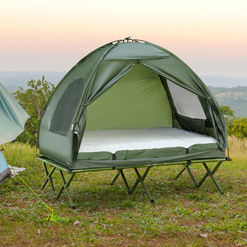 Lit de camp pliable pour 2 personnes avec tente, couvre-lit et matelas gonflable épais Outsunny