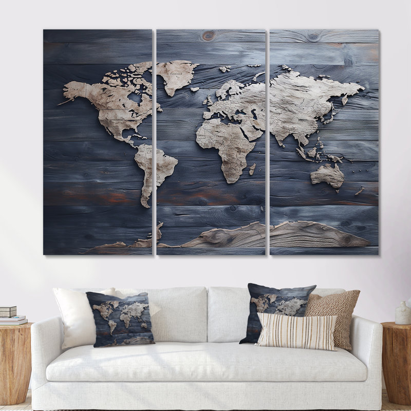 Rustic Route World Map I - Ensemble de décoration murale carte du monde, H 60 po x l 84 po x P 1,5 po, Toile tendue