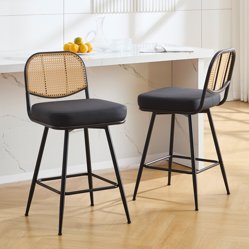 Upholstered Swivel Counter Stool With Rattan Backrest, Counter Stool (26” Seat Height), Black