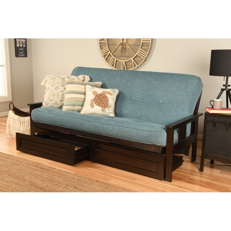 Stratford Full-Size Futon Frame Includes Storage Drawers and Mattress, Espresso, Linen Aqua, Premium Pocket Coil