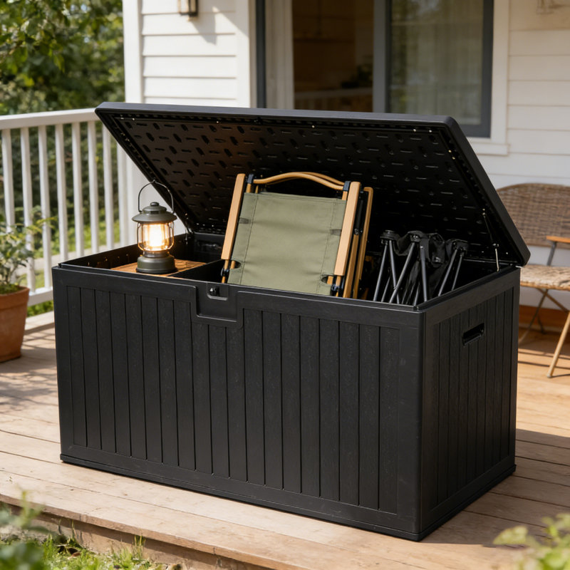 Très grand coffre de terrasse extérieur en résine imperméable de 260 gallons, rangement verrouillable avec charnières hydrauliques et pieds libres pour coussins de patio, accessoires de piscine, outils de jardin