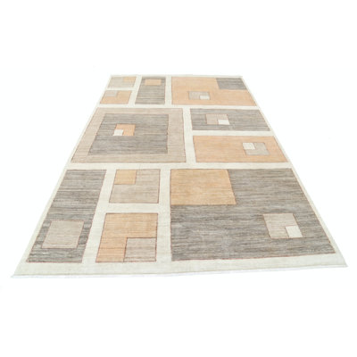 Tapis en laine noué à la main beige et gris 3,3 pi x 3,5 pi, petit motif abstrait géométrique