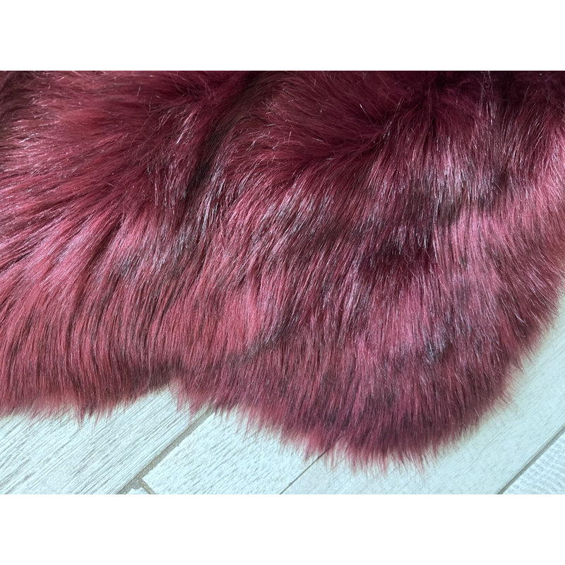  Faux Bison Skin Fur Shag Area Rug in Burgundy with Black Tips, Animal Shape 8' X 9'