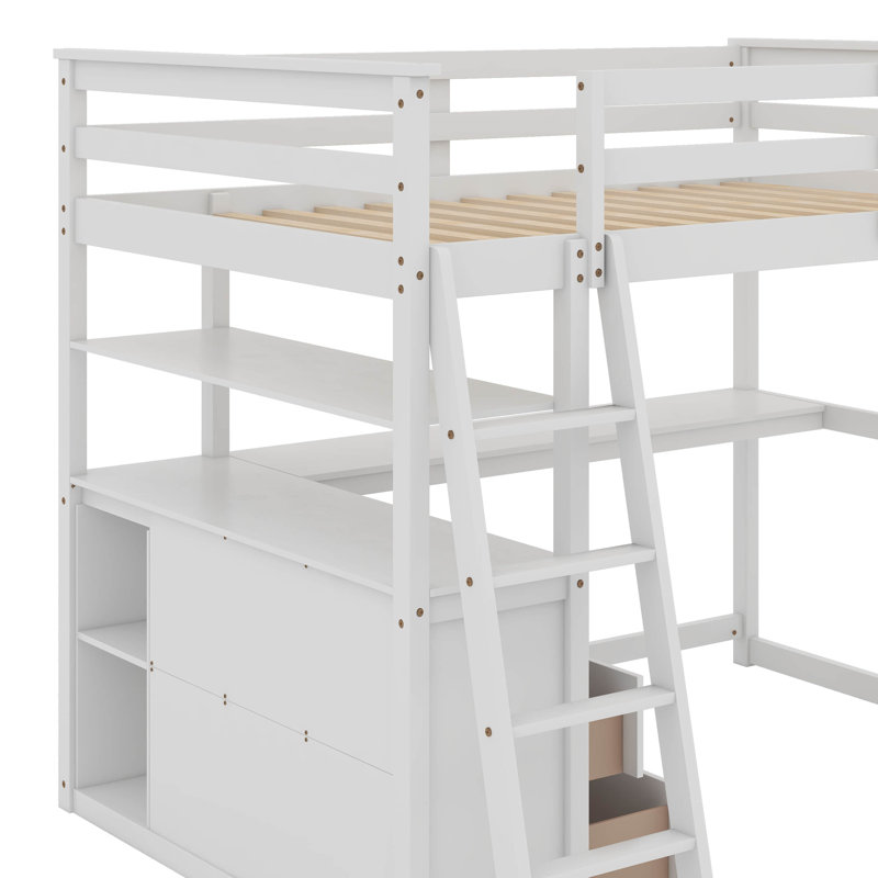 Lit mezzanine double avec bureau et tablettes, Blanc, Lit double
