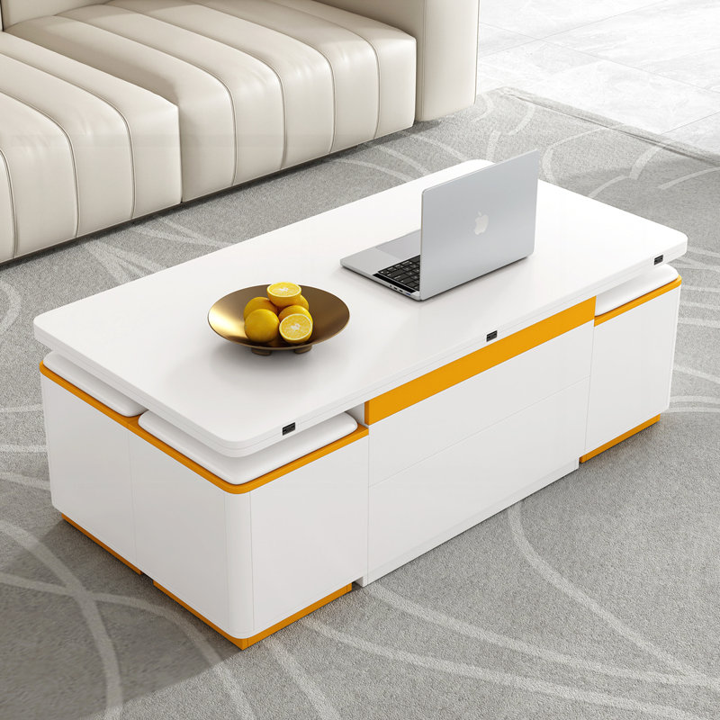 Lift-Top Coffee Table with 4 Storage Stools, White