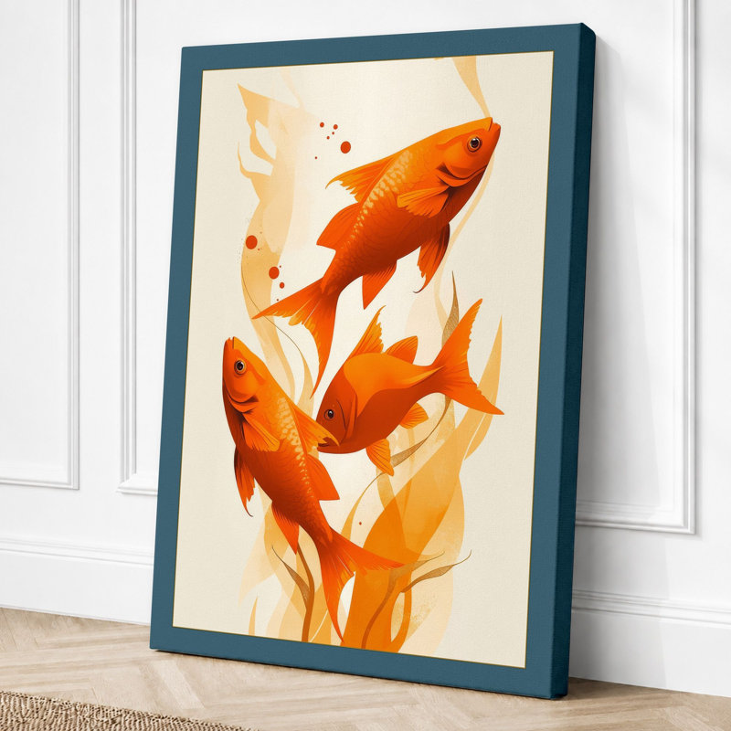 Goldfish Among Plants Boho - Wrapped Canvas, 36x24 - 91.4 x 61.0 cm, Teal Border