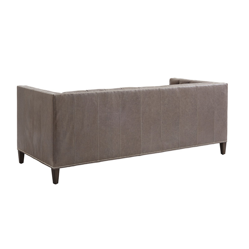 Brown Tufted Leather Sofa with Nailhead Trim and Wood Legs