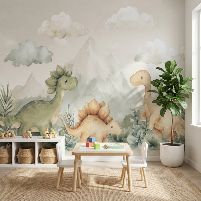 Dinosaurs papier peint paysage ludique décoration murale, 160"x108", Peler et coller