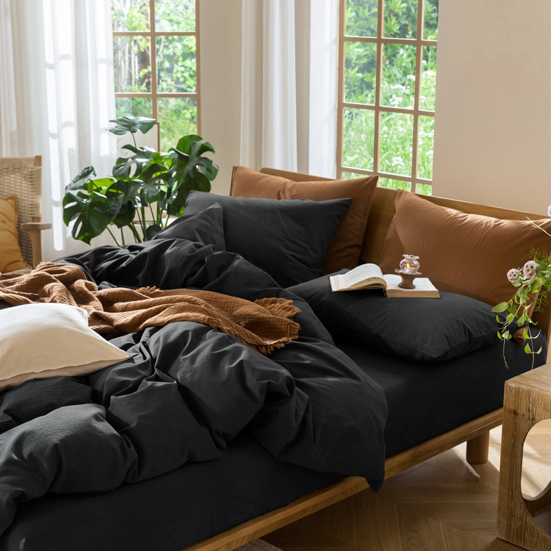MooMee Lightweight Duvet Cover Set with Zipper Closure 8 Ties 100% Washed Cotton Linen Like Textured Soft Breathable All-Season