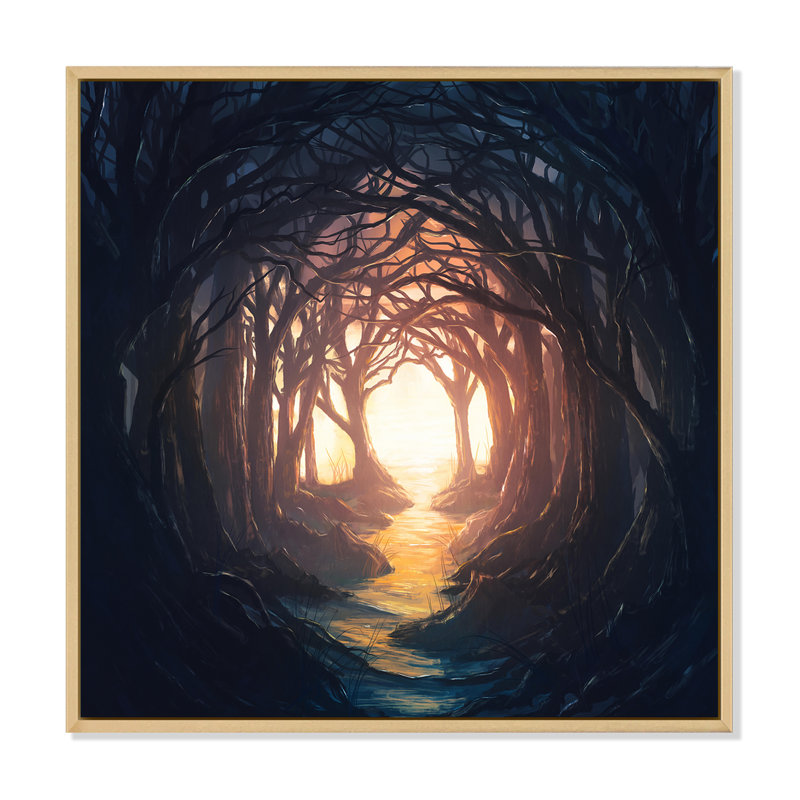 Une forêt sombre menant à des couleurs vives - Peinture sur toile, H 17 po x l 17 po x P 1 po, Cadre érable