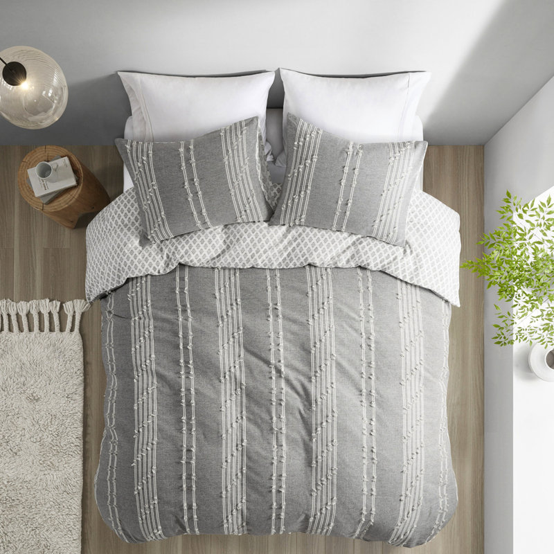 Literie 3 pièces très grand / très grand - coton, base grise avec accents, fermeture à boutons, attaches intérieures, réversible, lavable, housse de couette pour broderie et attachée, 100% coton machine, textile