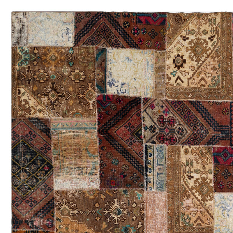Tapis beige / brun / rose en laine noué à la main à motif patchwork One-of-a-Kind