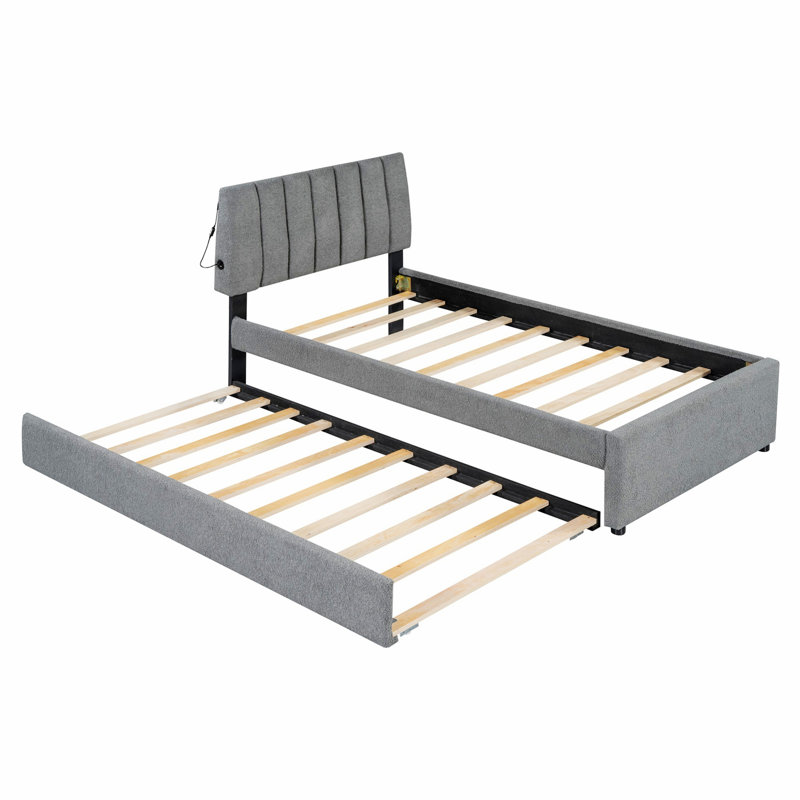 Upholstered Platform Bed With Trundle, Gray
