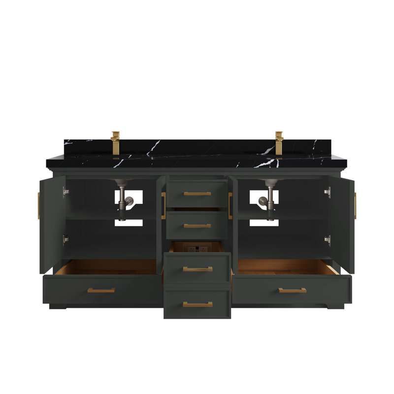 Charlotte 72" Double Sink Black Quartz Top Freestanding Vanity