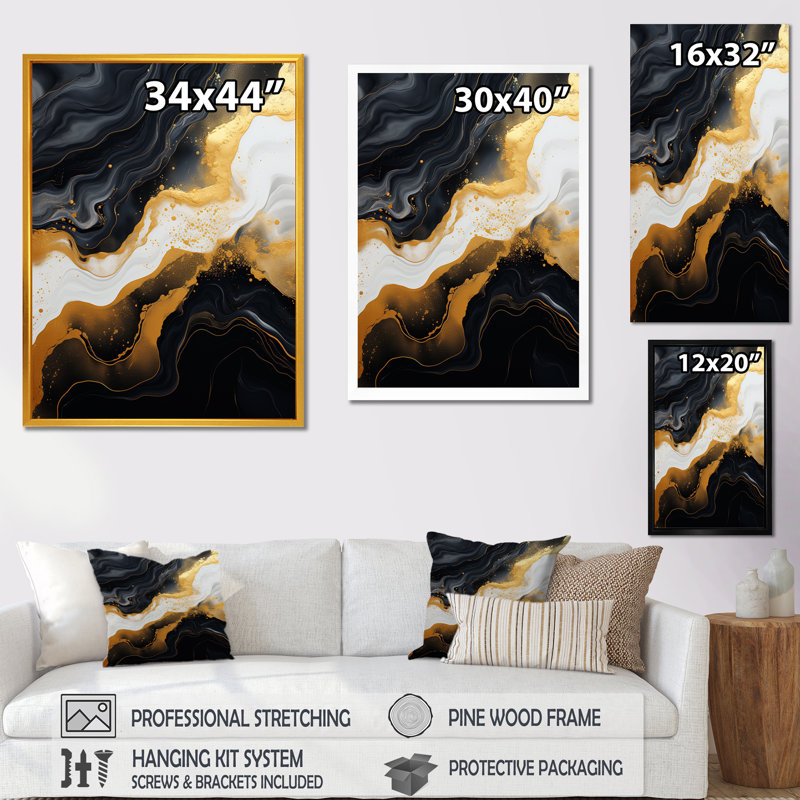 Or et marbre noir Essence I - décoration murale en marbre, Toile tendue, H 60 po x l 40 po