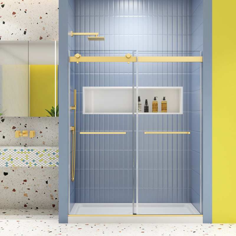 Porte de douche à dérivation avec fermeture en douceur 48 x 74, verre trempé 5/16 po, or brossé, quincaillerie coulissante pour salle de bain 48 po x 74 po, finition dorée, attrayante