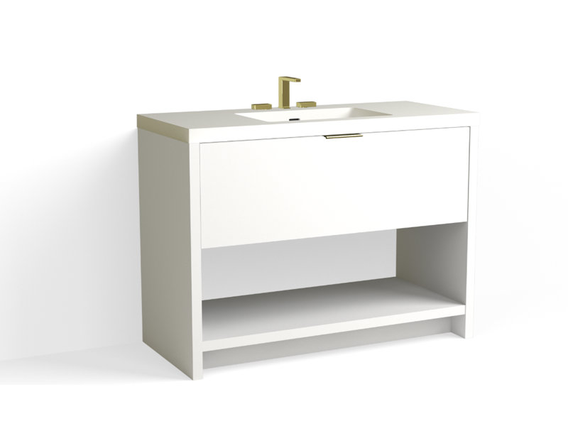 Vista 48" W Freestanding Single Bathroom Vanity, White Matte, White Nanomatte/Satin Brass, 8" Widespread