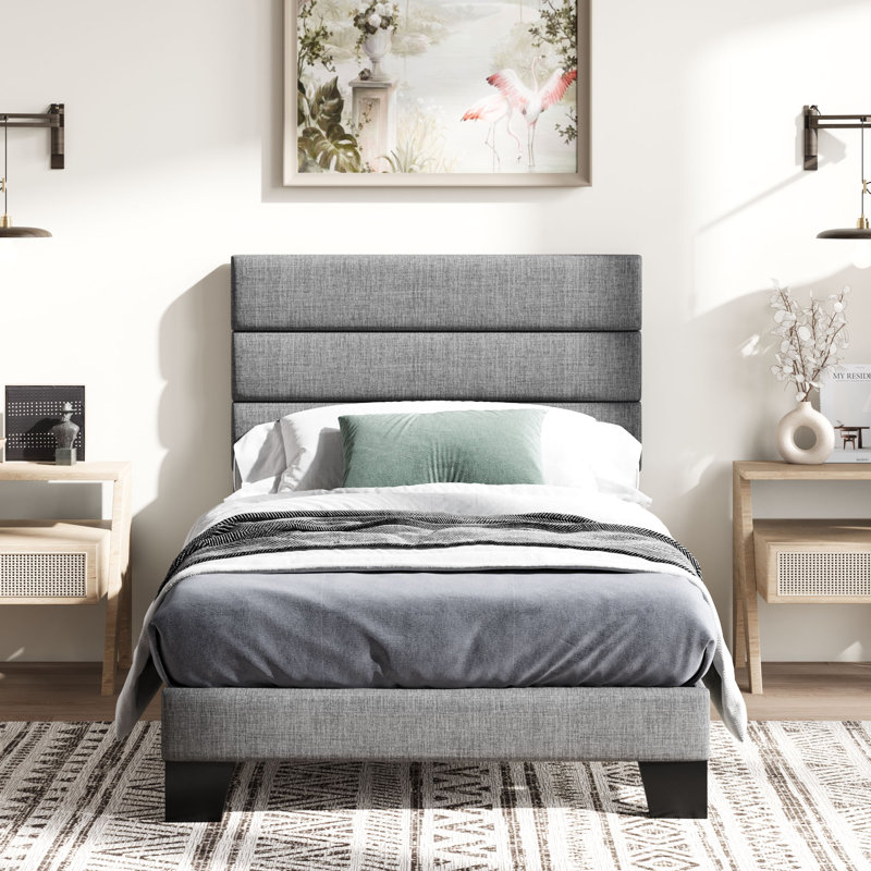 Elison Platform Bed with Fabric Upholstered Headboard and Wooden Slats, Grey, Twin