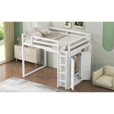Lit mezzanine en bois avec garde-robe intégré et tablette avec rangement