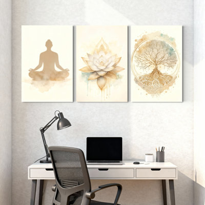 Lotus Flower Meditation Tree of Life Canvas Wrapped Wall Art Oil Painting Print Set of 3 for Living Room Bedroom Yoga Space