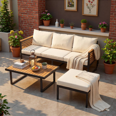 3-piece Patio Sofa Set With Acacia Wood & Metal Frame For Outdoor