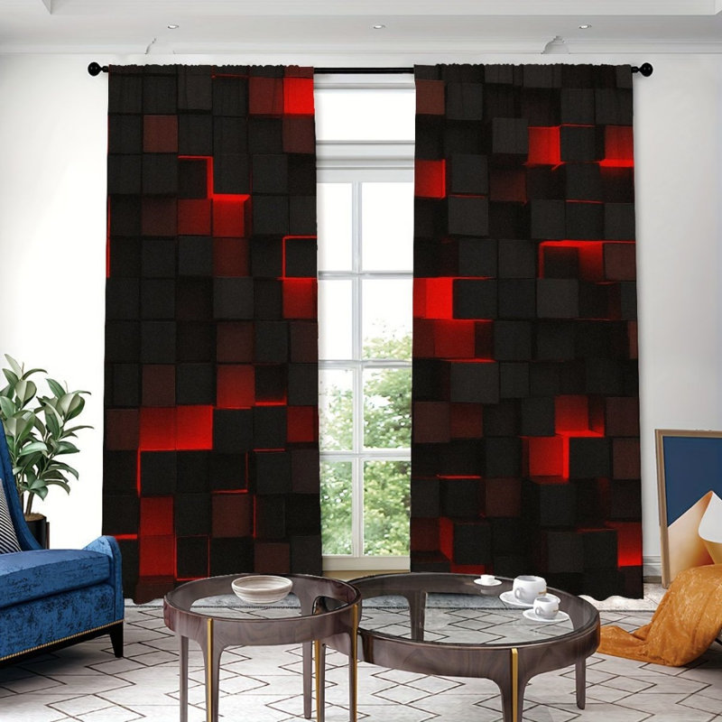 2Pcs Abstract Cube Pattern Black Red Curtains, Rod Pocket Light Filtering, Modern Style, All-Season For Living Room Bedroom Home Decor