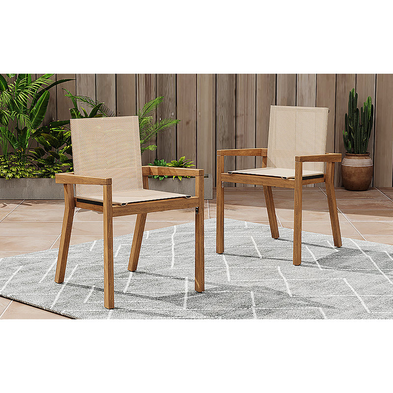 Chaise de salle à manger, ensemble de 2, structure en teck et textile beige
