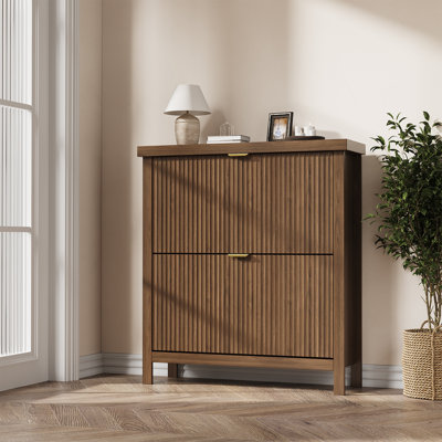 Meuble à chaussures moderne cannelé avec 2 tiroirs rabattables, console de rangement mince pour entrée avec tablette supérieure, naturel