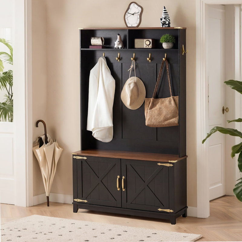 Arbre d'entrée 38 "avec banc et rangement pour chaussures - banc d'entrée avec portemanteau, 5 crochets, 2 compartiments ouverts, porte de grange et tablette réglable en noir