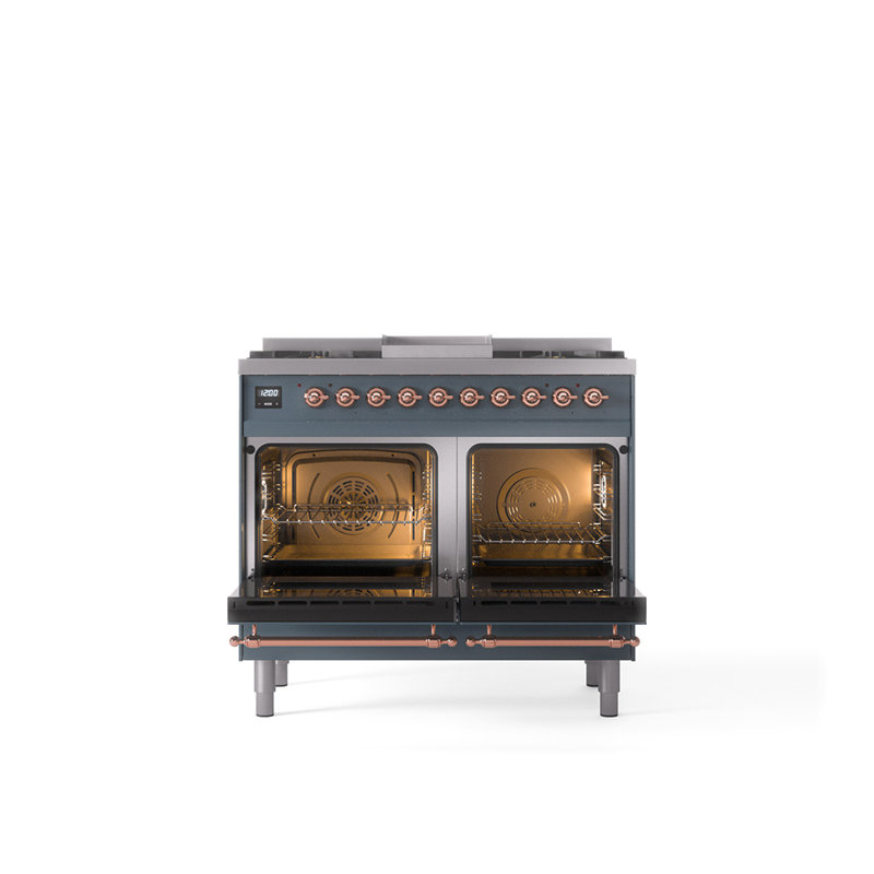 ILVE Nostalgie II Series 40 in. Dual Fuel Range with 6 Sealed Burners, Griddle (Liquid Propane, Glass Door), Blue Gray/Copper
