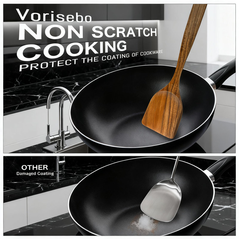 Ensemble d'ustensiles en bois de teck 10 pièces pour cuisiner avec support | Outils de cuisine naturels anti-rayures pour batterie de cuisine antiadhésive | Cuillères et spatules en bois fabriquées à la main