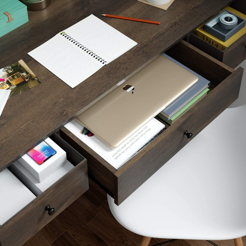 Spickard 41.7" Wooden Desk With Drawers, Wood Storage Desk with Metal Frame, Dark Brown