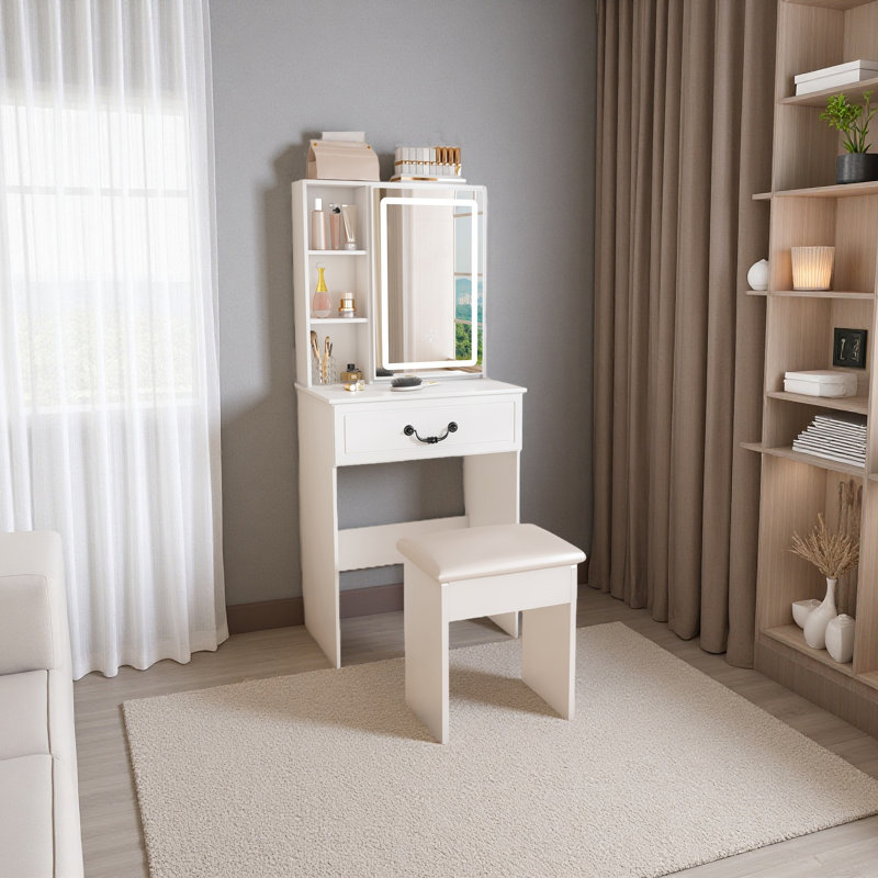 Modern Mini Dressing Table With LED-Lit Mirror & Hidden Storage,Includes Padded Stool