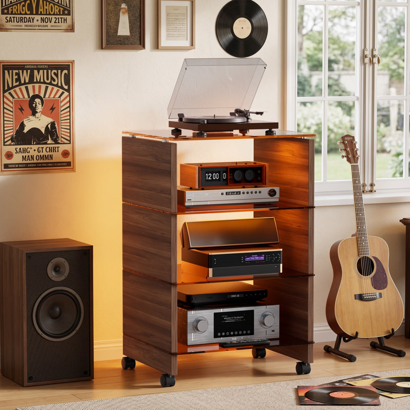 Tour à 4 niveaux pour support audiovisuel, support audio Hi-Fi avec roulettes verrouillables, lumières DEL et tablettes ouvertes en verre trempé, support audio roulant pour centre de divertissement