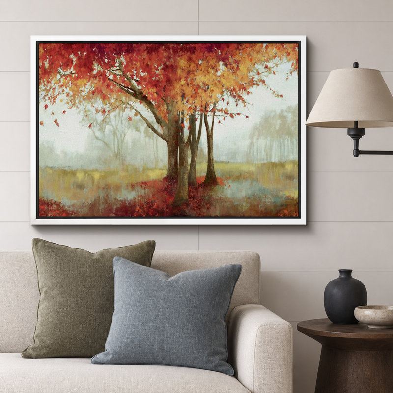 Automne, automne, "Érable orange dans la nature, paysage, grande impression sur toile encadrée", Cadre flottant blanc