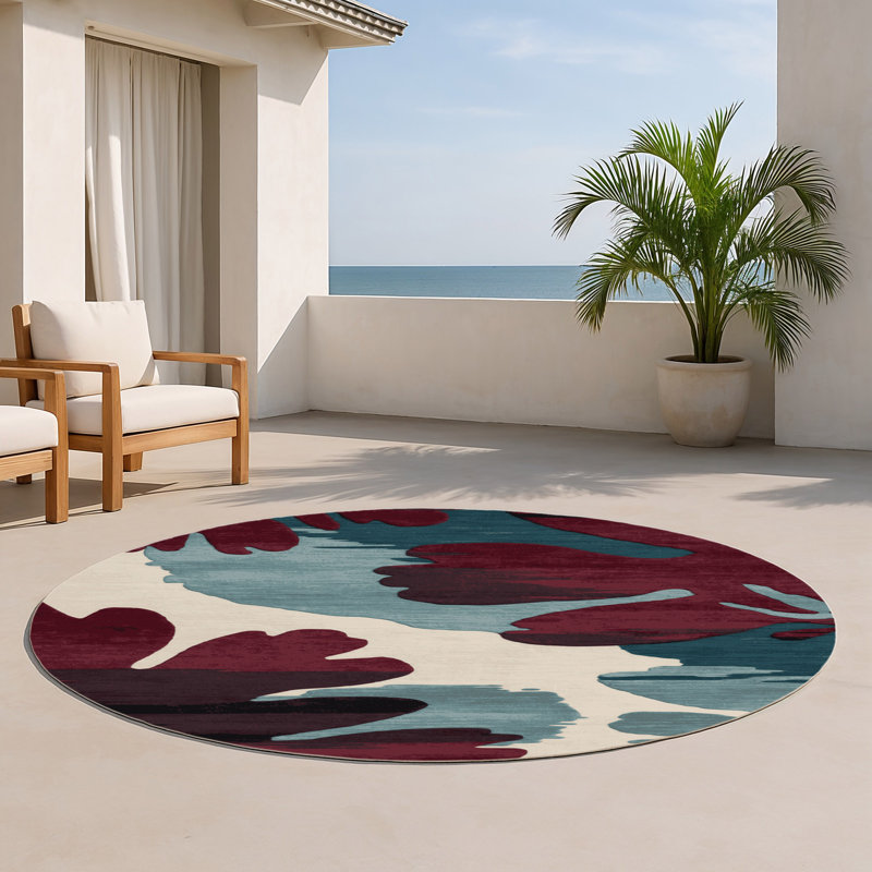 Tapis intérieur et extérieur rouge Watercolor, Rond 5 pi
