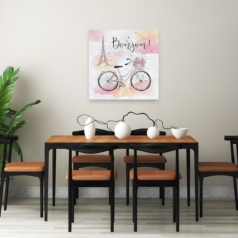 Bonjour, Paris, vélo, élégante fleur romantique moderne, impression murale, 32" H x 32" W