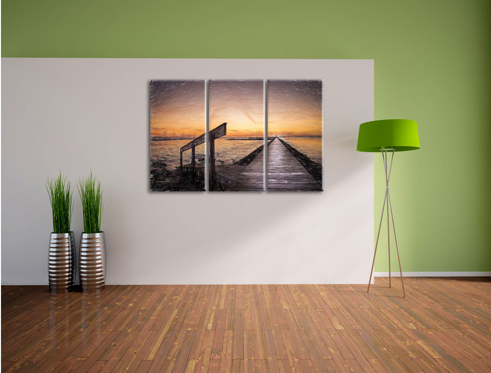 3-tlg. Leinwandbilder-Set „Langer Steg im Sonnenuntergang an der Nordsee“, Grafikdruck