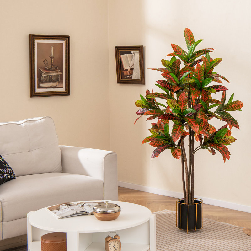 Plante artificielle croton 5 pi avec tronc en bois massif multicolore