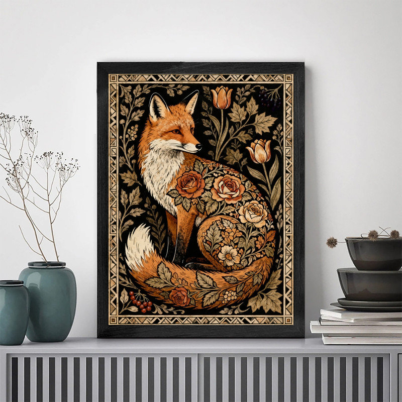 Reproduction d'art encadrée noire avec renard floral, cadre botanique classique, H 11 po x l 9 po