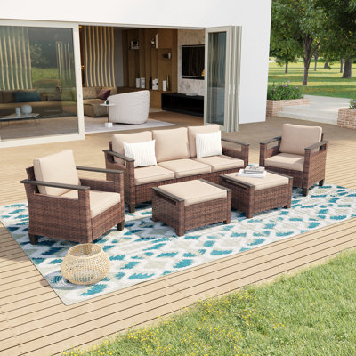 5 Piece Patio Sofa with Ottomans Set, All-Weather PE Rattan Wicker