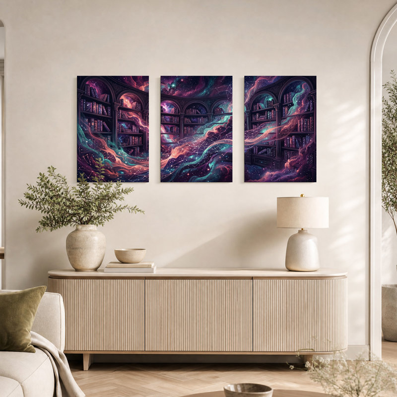 Ensemble de 3 toiles murales « Bibliothèque fantastique avec nébuleuses violettes et turquoise »